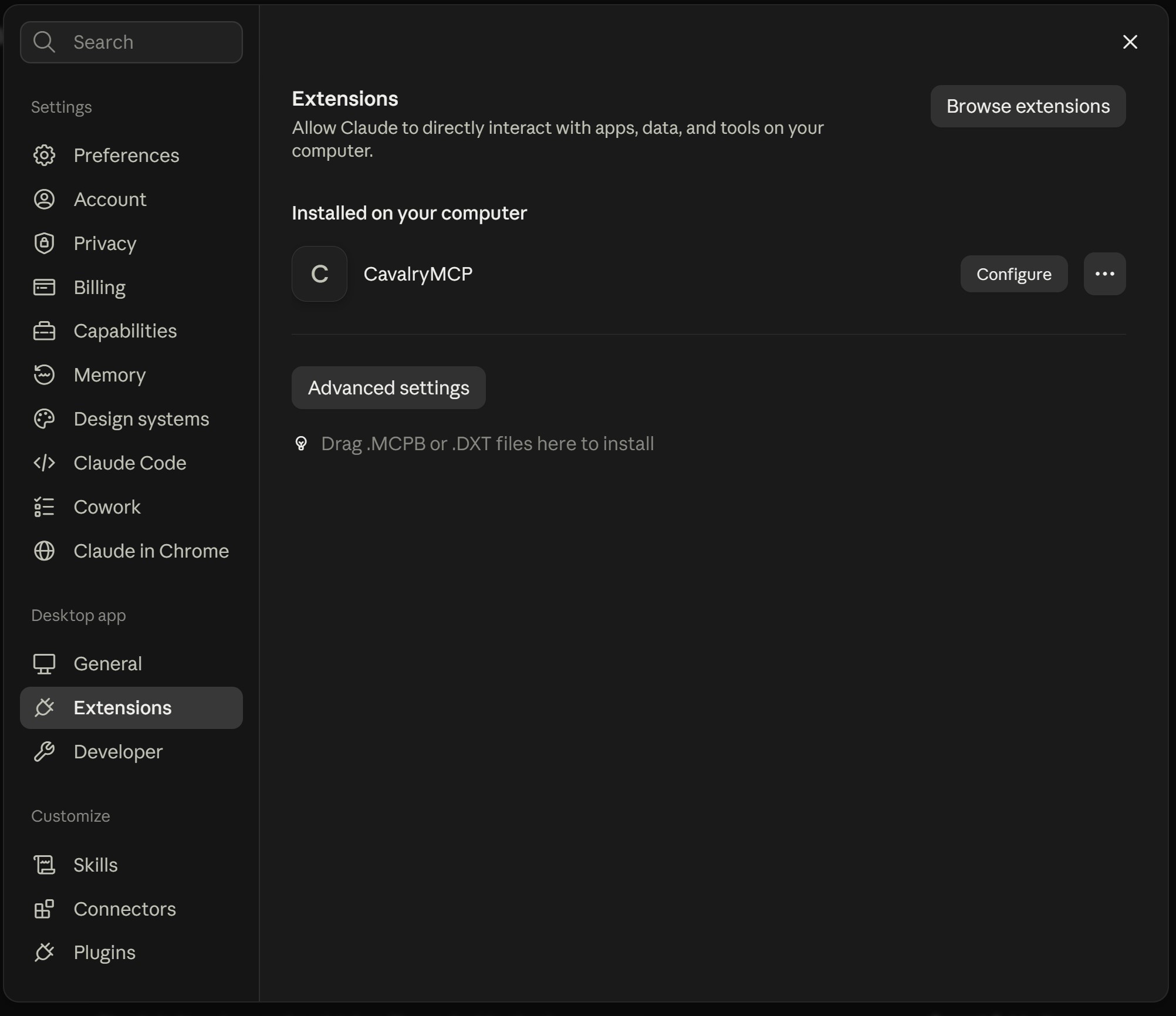 Claude Desktop Preferences, in it the Extensions tab with the installed CavalryMCP extension